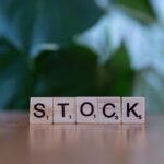 観葉植物のそばに置かれたSTOCKの文字のアルファベットタイル