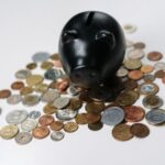 黒い豚の貯金箱と周りに散らばる硬貨