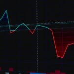 暗い画面に表示された下落基調の株価チャート