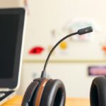 ノートパソコンの前に置かれたヘッドセットのマイク