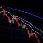 暗い画面に表示された抽象的なローソク足チャートと移動平均線