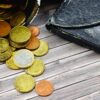 木の机の上で黒い財布から硬貨がこぼれ出ている様子